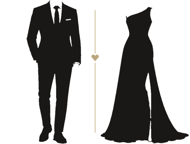 Ejemplo de vestimenta formal: traje oscuro con corbata y vestido largo de gala